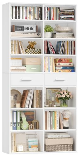 HOCSOK Bücherregal, 185,5 cm Hoch Standregal mit 2 Schubladen, 8 Ebenen | Bücherschrank Regal Offenes Aufbewahrungsregal für Arbeitszimmer, Büro, Wohnzimmer, Schlafzimmer, Weiß/Schwarz