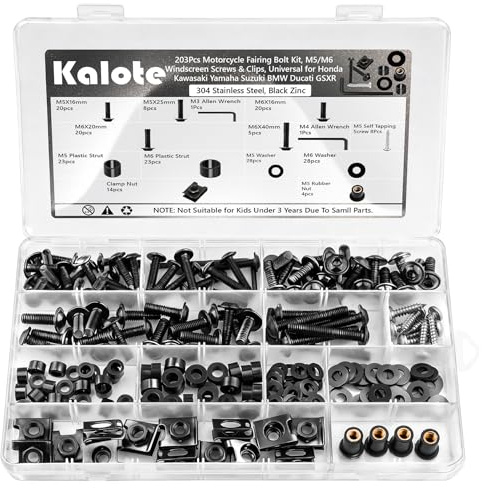 Kit 203 Pezzi Viti Carenatura Moto Inox 304 Zinco Nero, Bulloni M5 M6 | Dadi Gomma, Rivetti Plastica e Rondelle per Parabrezza e Carrozzeria Moto Sportive