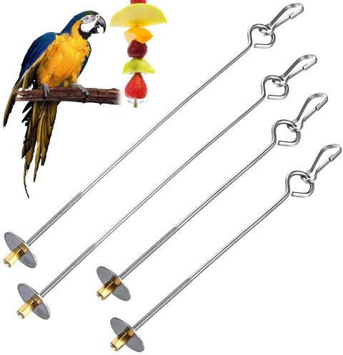 Nogeqi 4PCS Bird Cage Food Holder with Hook, Stainless Steel Bird Feeder for Cage, Parrot Fruit Skewers, Birds Foraging Toys for Macaw Parakeet Parrot Budgie (2 Sizes)