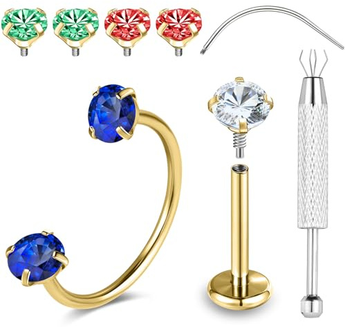 BodyAce 20g Nasenring Hoops F136 Titan Ohrringe Doppel Edelstein Hufeisen Nasenringe für Frauen Männer Innengewinde Septum Lippe Daith Helix Piercing Schmuck