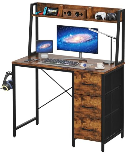 GoaHi Computer Desk with Shelf and 3 Drawers, Modern Study Writing Desk with Storage Shelves, Space-Saving Home Office Workstation for Small Spaces, Bedroom, Dorm, Rustic Brown