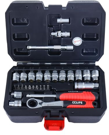 CCLIFE Durchgangssteckschlüsselsatz 29-tlg. 1/4 4,5-13 mm | Durchgangsdesign | überstehende Bolzen | längere Gewinde | Zweiwege-Ratsche | Drehgriff | Universalgelenk | CrV Stahl