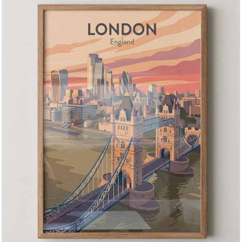 MJ-GRAPHICS® Poster London Kunstdruck Stadt Wandbild Sonnenuntergang Farben Bild Deko urbane Skyline Wohnzimmer Deko modern Grafik England Wanddeko A4 ohne Rahmen