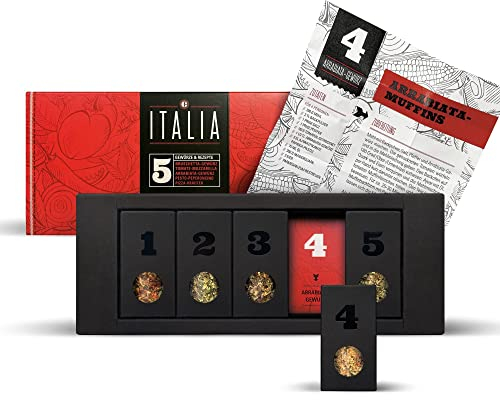 MEIN GENUSS Gewürzset Italia – 5 mediterrane Gewürze & Kräuter + 5 italienische Rezepte - Für Pizza, Pasta & Antipasti - Italienische Feinkost & Spezialitäten - Geschenk für Italien-Fans