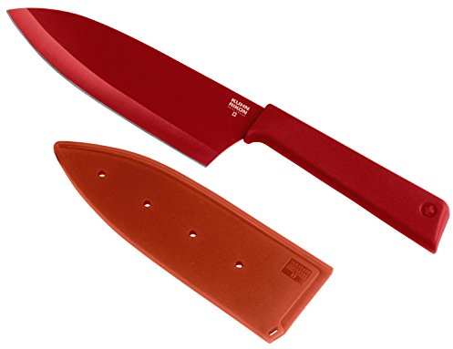 KUHN RIKON, Cuchillo Santoku de cocina antiadherente con funda de seguridad Colori +, 27.5 cm, Rojo