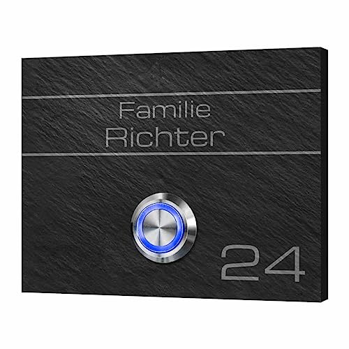 Edle Schiefer Türklingel mit individueller Gravur und Motiven | Klingel Modell Richter 9x7 cm - Optional mit beleuchtetem Klingeldrücker und Dekorplatte aus Acrylglas