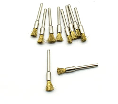 TEMO 10 pc Brass Bristle 1/4 inch (6mm) Pen Wire Brush #537 with 1/8 inch (3mm) Shank fit Dremel and Compatible Rotary Tool