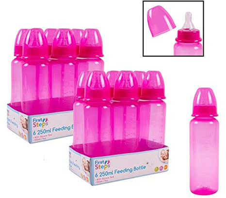 Pack of 12 Baby Bottles Silicone Teat Pink 250ml BPA Free Set Re-usable Plastic