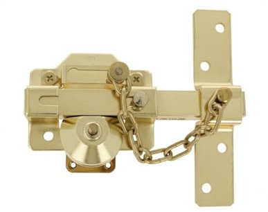 Amig - Cerrojo de Sobreponer con Cilindro Redondo, Pestillo y Cadena Mod. 1C - 105 x 170 mm - Cerradura de Seguridad con Llave y Retenedor - Incluye 5 Llaves de Punto - Acero Dorado