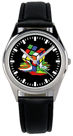 KIESENBERG Armbanduhr Zauberwürfel Nerd Geschenk Artikel Idee Fan Damen Herren Unisex Analog Quartz Lederarmband Uhr 36mm Durchmesser B-2353