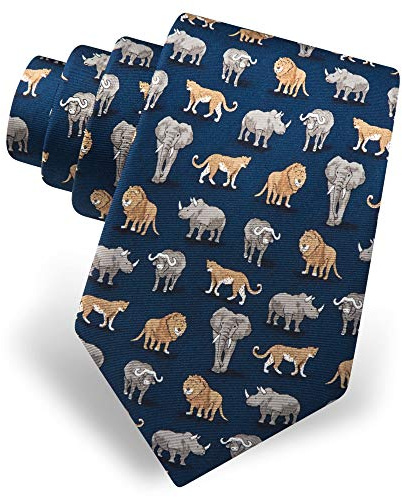 Alynn Herren Krawatte aus 100% Seide, Marineblau, Big Five Game of Africa Tiere Löwe Elefant Krawatte