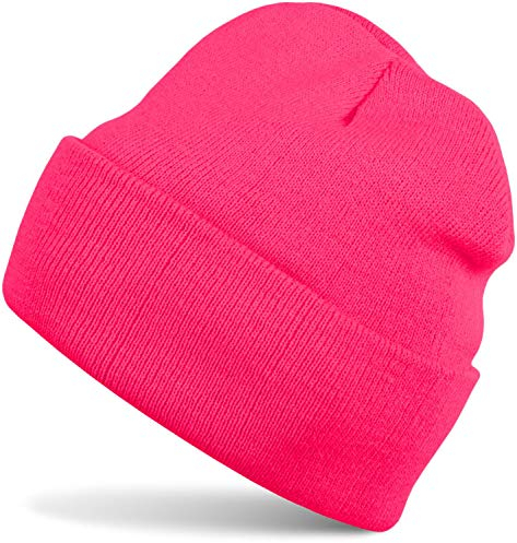 styleBREAKER Unisex Beanie Strickmütze Einfarbig, Feinstrick Mütze doppelt gestrickt, warme Winter Strickbeanie 04024029, Farbe:Neonpink
