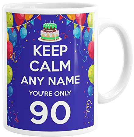 Daytripper Personalised 90th Birthday Mug, Funny 90th Birthday Gift for Him, Custom Name, Keep Calm You're Only 90, Mens Cup, Ceramic