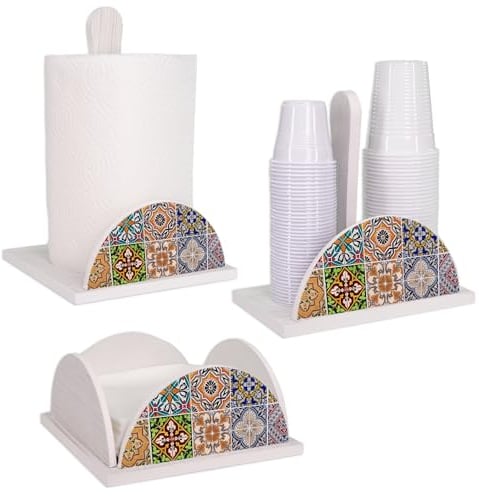 Lupia - Set 3 Pezzi WHITE TILES Porta Tovaglioli, Bicchieri e Rotolo in Legno, Decorazioni Eleganti per Stile Moderno o Classico, Accessori Cucina Made in Italy, Legno