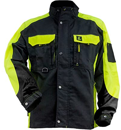 Urgent URG-Y Arbeitsjacke Herren reflektierend Jacke Schutz für Maler Stuckateur Monteur Gärtner Mechaniker Cargo große Taschen leichte Damen Mantel EN340 Schutzkleidung; schwarz mit gelb; (50)