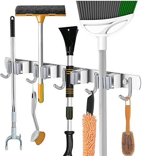 naspiweiya Broom Mop Holder, Stainless Steel Wall Mounted Storage Organizer Tool for Kitchen, Garage Garden Bathroom Organization and Storage (4 Racks 5 Hooks)