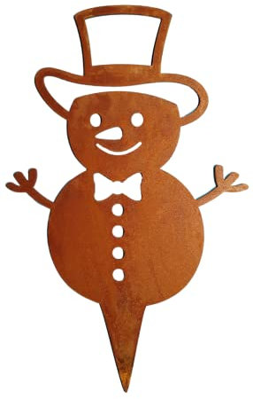 99PANDAS Pandas Garden - Rostiger Schneemann | Winterdeko Gartenstecker aus Metall | 30 cm | Fliege