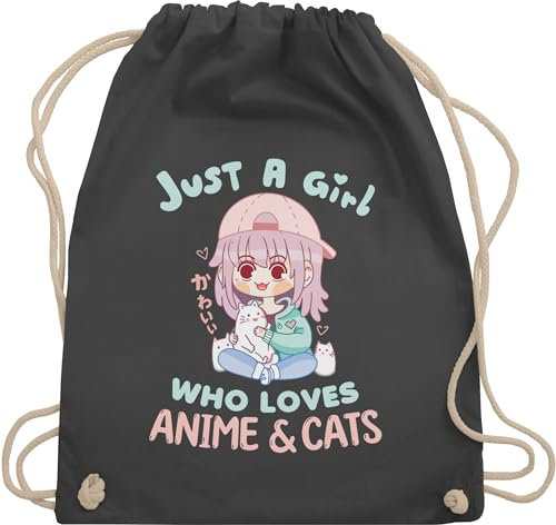Turnbeutel Rucksack - Geschenke - Just a girl who loves anime & cats kawaii chibi - Unisize - Dunkelgrau - stoff baumwolle otaku merch turnbeutel+anime geschenk+anime katze sportbeutel anime+tasche