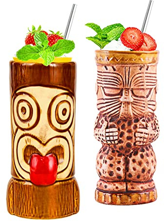 NUACOS Tiki Becher,Tiki gläser Set,Cocktail Becher,2-teiliges Cocktailgläser-Set,Tiki barzubehör,Hawaii-Party für Premium Tropische Tassen Getränke für exotische Party