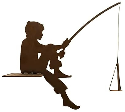 Gartenfigur Kleiner Angler Toni sitzend für Kante 38cm Kantensitzer Edelrost Gartendeko Wetterfest Rost Metall Rostfigur Teich Deko Maritim Metallfigur