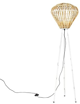 Qazqa Landhaus Tripod Lampe, Tripod Leuchte - Diamondcanna - Naturel, Rund, max. 40W, Geeignet für LED, 140cm, Ideal als Flur, Küche lampe, Schlafzimmerlampe und Wohnzimmerlampe