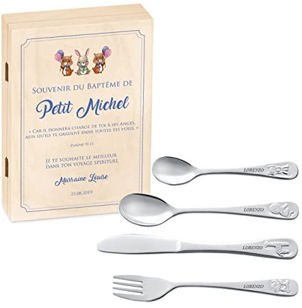 Maverton Set de couverts personnalisé dans boîte en bois imprimée - Thème Animal - Cadeau d'anniversaire personnalisé - Pour filles - Cadeaux bébé - Coutellerie gravée - DESSIN
