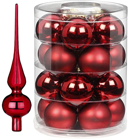 Weihnachtsbaumschmuck Set | 20 Weihnachtskugeln 6cm & Christbaumspitze 26cm | Christbaumschmuck aus Glas (Chianti | Bordeaux)