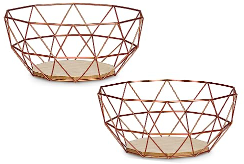 levandeo 2er Set Korb Metall Kupfer 26x12cm Obstkorb Modern Holz MDF Braun Schüssel Schale Deko Design Tischdeko Industrialstil