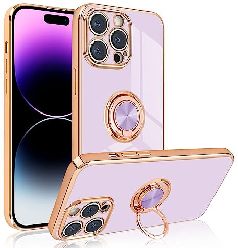 Newseego Electroplated Magnetic iPhone 14 Pro Max Case, 360 Degree Rotation Finger Ring Holder Phone Case Magnet Car Stand Soft Silicone Shockproof Protective Bumper Cover for iPhone 14 Pro Max-Purple