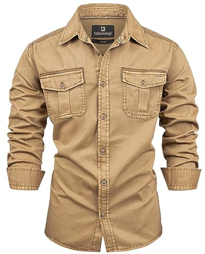 FALKENSTEJN Herrenhemd - Modell Riccaldo - 100% Baumwolle – Vintage Hemd Cargo Langarm-Hemd für Männer - In 3 Farben