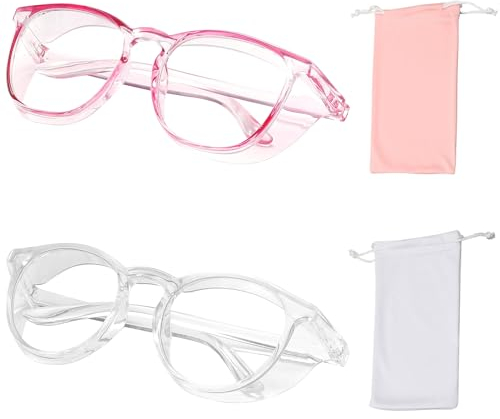 TPBSITNS 2PCS Safety Glasses Anti Fog Goggles with Side Shields, Stylish Blue Light Blocking Glasses Clear Lens with 2PCS Storage Bag, Anti UV Eye Protection Glasses for Women Men (Pink + Transparent)