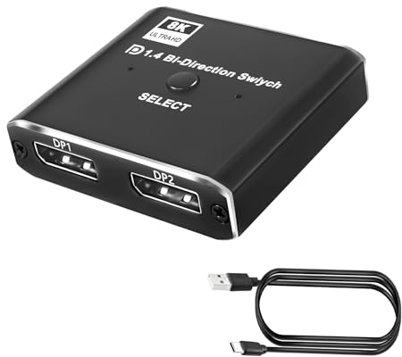 XMSJSIY DisplayPort Switch 8K Bidirectionnel 1 en 2/2 en 1 Sortie Répartiteur Haute Vitesse Convertisseur DP Version 2.1 Soutien 8K@60Hz pour HDTV