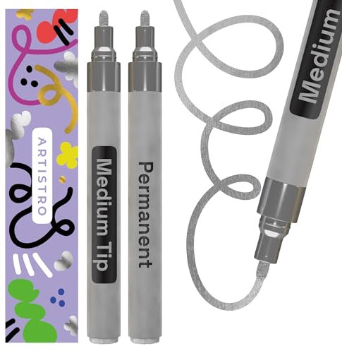 Artistro Permanent Marker Silber - 2 Stück Acrylstifte Silber - Wasserfest Filzstift mit 3 mm Spitze, Schnell Trocknender Glanzlackmarker für Textil, Stein, Keramik, Glas, Holz, Metall, Karton
