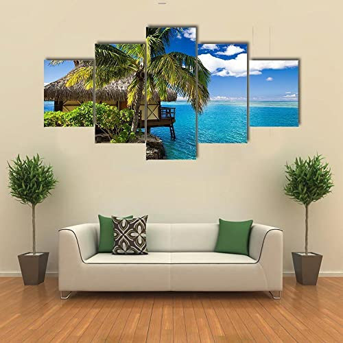 XBAKING Wohnkultur Bilder Leinwand Wandkunst 5 Stücke Gemälde Poster Tropischer Bungalow & Palme Leinwand Wandkunst 5 Stücke Modern Wand Aufhängen Gemälde für Wohnzimmer-Gerahmt