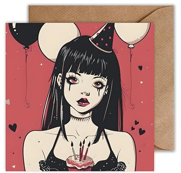 WBdesignz Anime Geburtstagskarte mit Umschlag - Anime Goth Karte zum Geburtstag Manga Happy Birthday Glückwunschkarte Mädchen (125 x 125 mm)