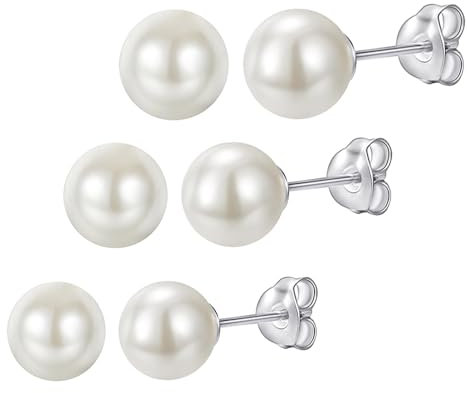 3 Paare Perlenohrringe Silber 925, Ohrringe Perlen, Silber 925 Weiße Perlenohrstecker, Pearl Earrings For Women(6MM 7MM 8MM)