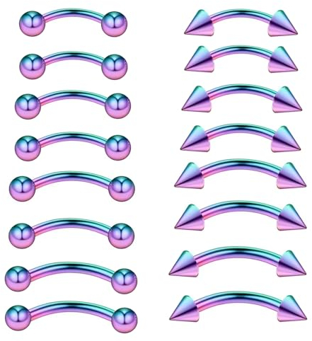 VIDSTW 16 Stück Piercing Set, Edelstahl Augenbrauen Piercing, Lippenpiercing Körper Piercing, Pircingssets Ohr Gebogenes Stabdesign, für Nase Ohren Lippen Augenbrauen (Farbe)