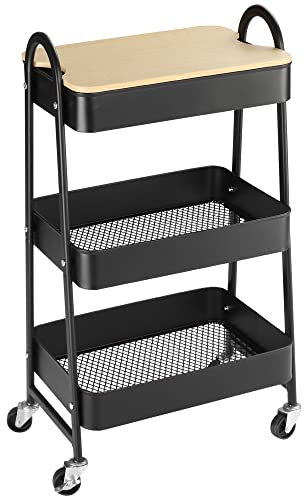 HOMCOM Carrito Auxiliar con Ruedas de 3 Niveles Carrito de Cocina con 3 Cestas de Acero y 1 Placa de Cubierta para Comedor Sala Baño 45x31x79,4 cm Negro