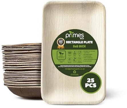 PRIMES ECO 9 x 6 Inch, Disposable Palm Leaf Rectangle Plate, Starters Dessert, Display Tray Parties, Wooden Plates, Eco Friendly Biodegradable Food Trays, Hotel Office Wedding Picnic Party (25 PCS)