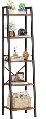 Furologee 5 Tier Ladder Shelf Bookcase, Tall Narrow Bookshelf with 2 Hooks, Rustic Brown Bathroom Corner Book Shelf, Metal Wood Book Case Standing Unit, Display Shelf for Living Room Office Kitchen