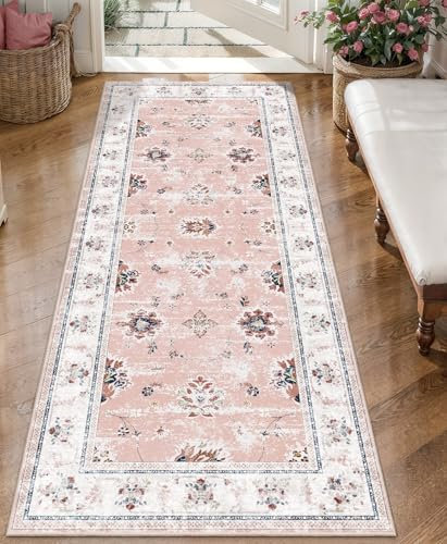 Tangsoo Teppichläufer für Flur, waschbar, rutschfest, Boho, Vintage, Blumenmuster, weich, hochflorig, für Eingangsbereich, Küche, Schlafzimmer, Waschküche, Badezimmer (Flur, Rosa)