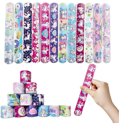 Unicorno Bracciali Bambini, 12 Pezzi Braccialetti Schiaffo Slap per Bambini, Bracciali a Scatto, Regalo Compleanno, Regalini Fine Festa per Bambini Ragazze Ragazzi