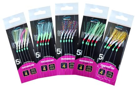 5 hooks Feather Rig Size 4 For Boat Sea And Shore Lure Rig for Mackerel, Horse Mackerel, And Herring (5/10 pack) (Mixed 5)