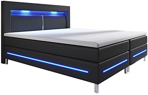 Juskys Boxspringbett Norfolk 200x200 cm - LED Beleuchtung, Bonell Matratze & Topper - 66 cm Komforthöhe - schwarz - Bett Doppelbett Polsterbett