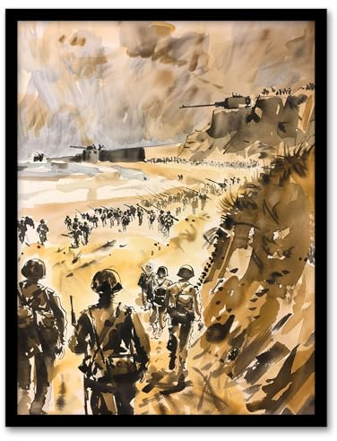 Artery8 WWII D Day Landing Normandy War Tanks Soldiers Man Cave Artwork Framed Wall Art Print 18X24 Inch
