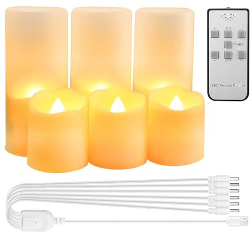 wiipara 6 Stück LED Teelichter Wiederaufladbar, LED Kerzen Aufladbar mit Timerfunktion Flackernde Realistische Kerzen Elektrische LED Candles mit Fernbedienung für Halloween Weihnachten Partys
