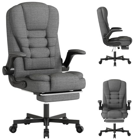 Chaise Bureau Ergonomique, Fauteuil de Bureau Pivotant, Accoudoirs Ajustables, Fauteuil de Bureau avec Repose-Pieds Télescopique, Hauteur Réglable avec Large Assise Rembourrée Chaise Gaming, Gris