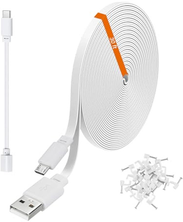 weishan 30ft Power Extension Cable Compatible with eufy Security Cam S220, S340, E220, P24-9m Long Flat USB to Micro USB Charging Cord with USB-C Adapter, White