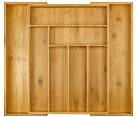simpa Natural Bamboo Expandable Cutlery Tray Utensils Holder Storage Drawer Organiser - Adjustable 6 to 8 Compartments