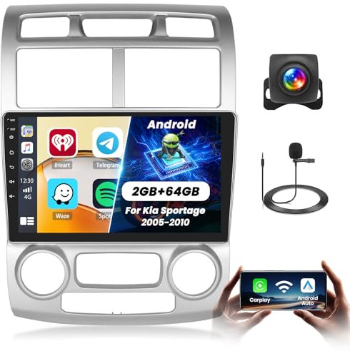 Fuluku 2+64G Android Autoradio für Kia Sportage 2005-2010 mit Wireless Carpaly&Android Auto, 9'' IPS Touchscreen Radio mit Bluetooth/GPS/Rückfahrkamera/FM/WiFi/SWC/26UI